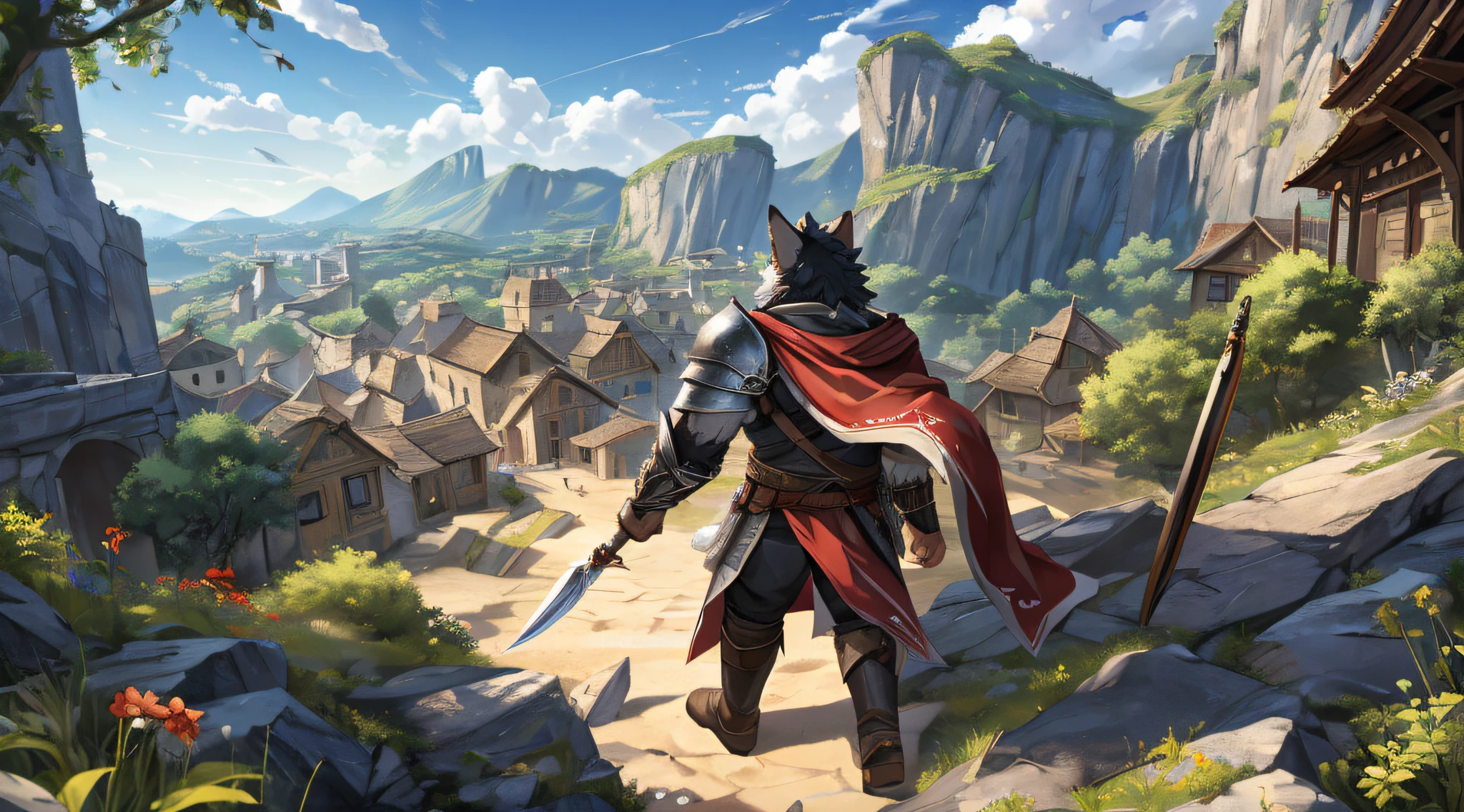 Anthro((dramatic))epic, dynamic pose, dynamic angle, One scene of movie, An extreme perspective with a powerful composition, absurdres, Perfect Anatomy, (ultra detailed), sharp focus, niji, eyesgod, black eye, furry, light-white fur, brown fur, black beard, anthro (wolf), male, middle-aged, gray body, white belly, tail, muscular, knight costume, long red cherry cloak, ultra detailed face, amazing wide view of the outside the village, blue sky with clouds, assassin's creed, game of throne, forest, sit on the edge of a cliff at the top of the mountain with his back to the camera, (back show:1.5), (background is cliff with wide view of the outside the village:1.5), weapon, (far from camera:0,5), depth of field, motion blur, (best quality), (masterpiece), high details, high quality, award winning, highres, HD, 16k