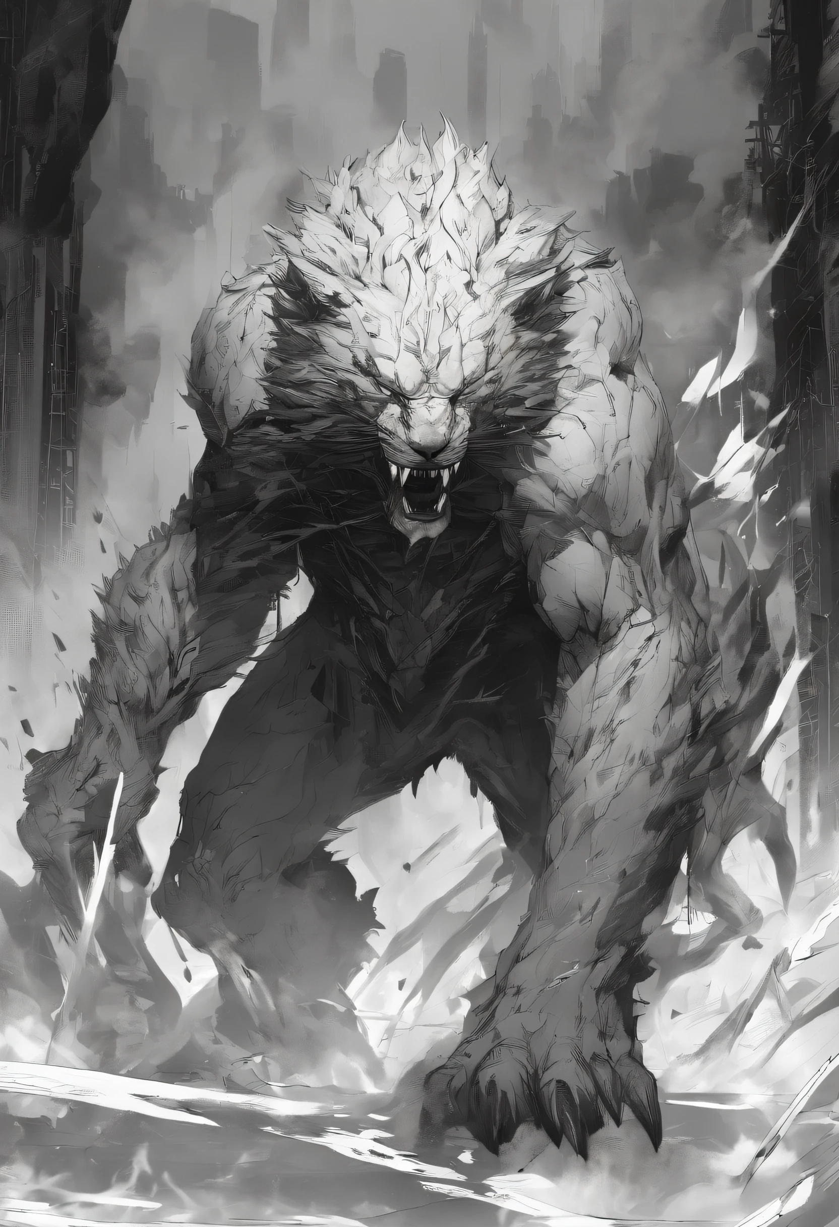 Strange monsters in a fantasy world，sabertooth tiger，long canines，strong limbs，surrounded by flames，Blood，covered with thick spikes,，Moon Night，中景 the scene is，Full body like， Highly detailed surreal VFX，OC rendering，Shot at 70 mm - AR 16:9 --q 2 --s 1000