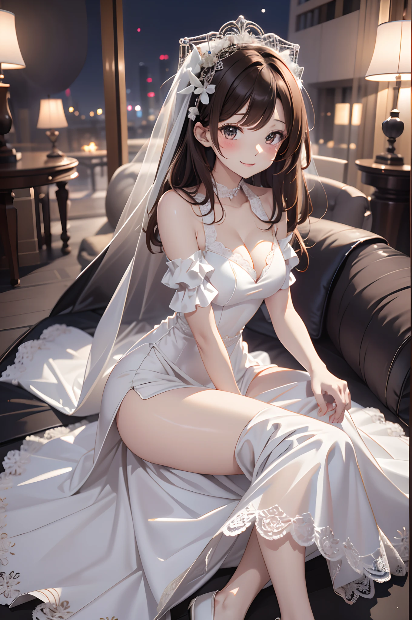 (Best Quality, High Definition, masutepiece:1.2,), Illustration, Night, 1girl in, Full body, (wedding dress), arm behind back, Waiting for a kiss, Looking at Viewer, Happy, blush,