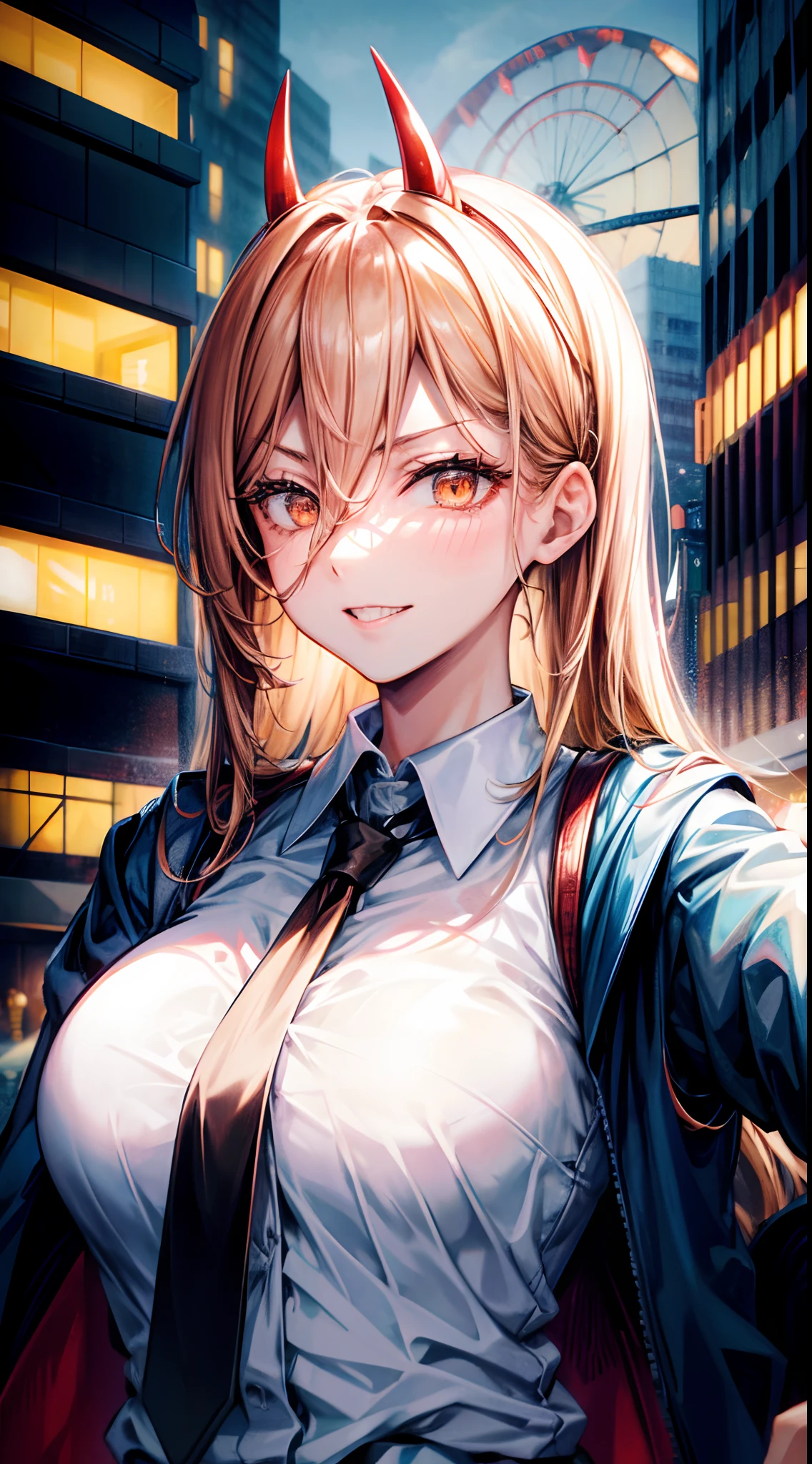 (absurdres, highres, ultra detailed, HDR), masterpiece, best quality, portrait, female focus, face focus, power, power from chainsawman, default_cloth, cross-shaped pupils, evil smile, her teeth looks like shirk’s one, blue jacket, collared shirt, black necktie, black pants, detailed face, detailed eye, detailed hair, detailed outfit, tokyo (city), city background, collapsed cityscape, luxurious, 8k, detailed, ray tracing, depth of field, cinematic lighting, looking at another, blue sky