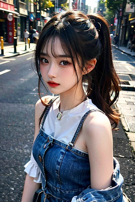 超A high resolution、masterpiece、top-quality、extra detailed face、A detailed eye、Very complex and、perfect glossy shiny skins、Perfect litthing、Detailed Lighting、Dramatic shadows、光线追踪、1 girl in、cowboy shot、Casual fashion、In the street、Harajuku、looking at the viewers、