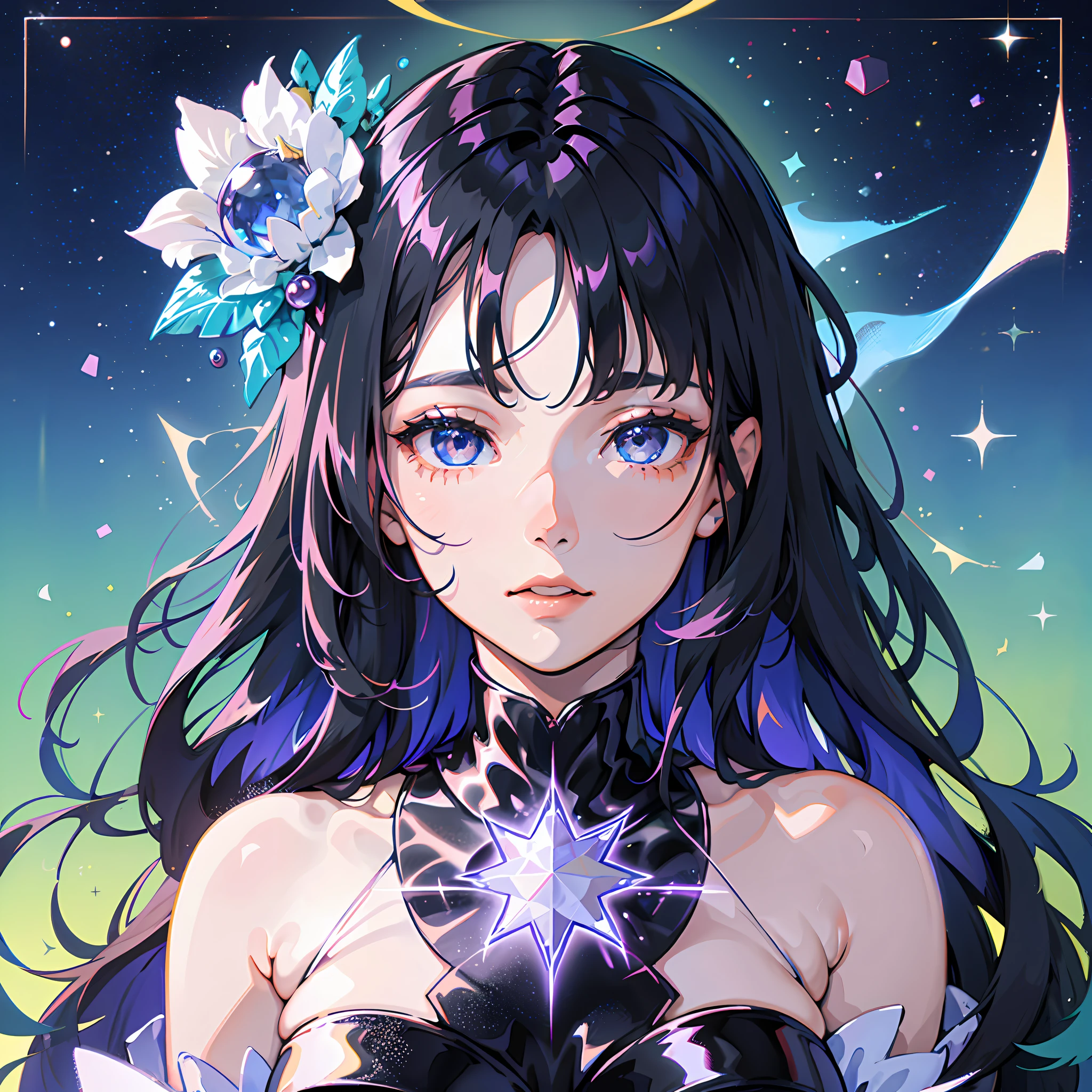depth of field, 1girl, eye focus, close-up, iridescent eyes, star eyes, starry sky, (magic circle), shimmer hair, glowing hair, (iridescent black hair)