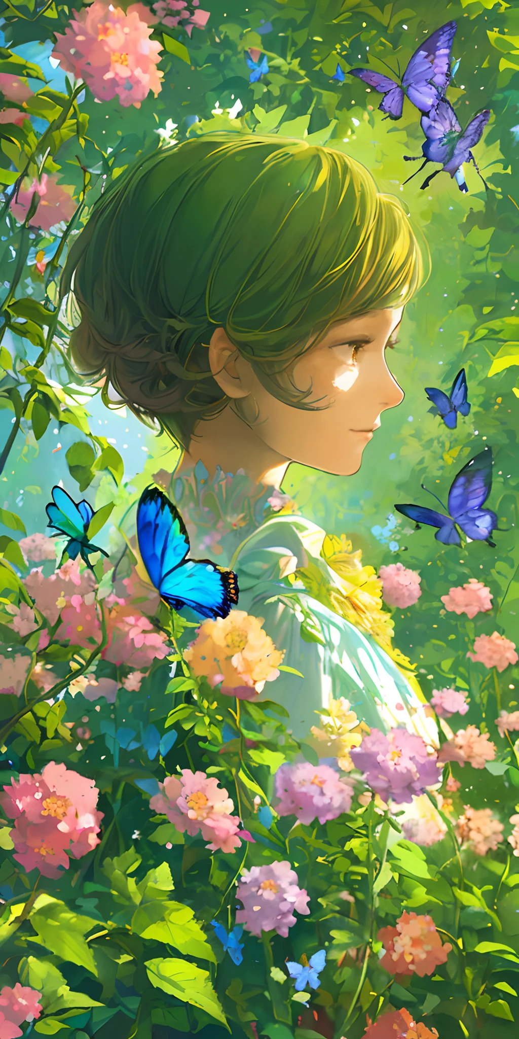 (best quality, masterpiece, ultra-realistic), portrait of 1 beautiful and delicate girl, with a soft and peaceful expression, the background scenery is a garden with flowering bushes and butterflies flying around.