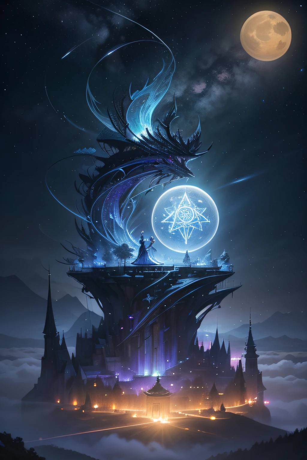(2 boys), (multiple boy, dual-wielding, view the viewer, Standing, (blazing), light Particle, Blue Theme, Colorful, wall-paper, energy, Unknown terror, arcane, Around the magic ,Magical surroundings ,Wand, Boken, The pages of the book flew through the sky, Know it all, Predict the future, Learn about the past, Infinite wisdom, blue flames, Warlock, magic circles, pentacle, Spells, mantra, Singing magic, masutepiece, Best Quality, (masutepiece,Best Quality:1.5)，starrysky，kosmos，rays of moonlight，Moon，Skysky，Highlight，Bright，opulent，baiyun，Yin Yang，starlight，meteors，High hills，Mountain and river art，Unified 8K resolution wallpapers，high quarity，Photorealistic，high detailing，Fantastic fantasy scenes，The details are very detailed，scenecy，Magic，heal，look up to