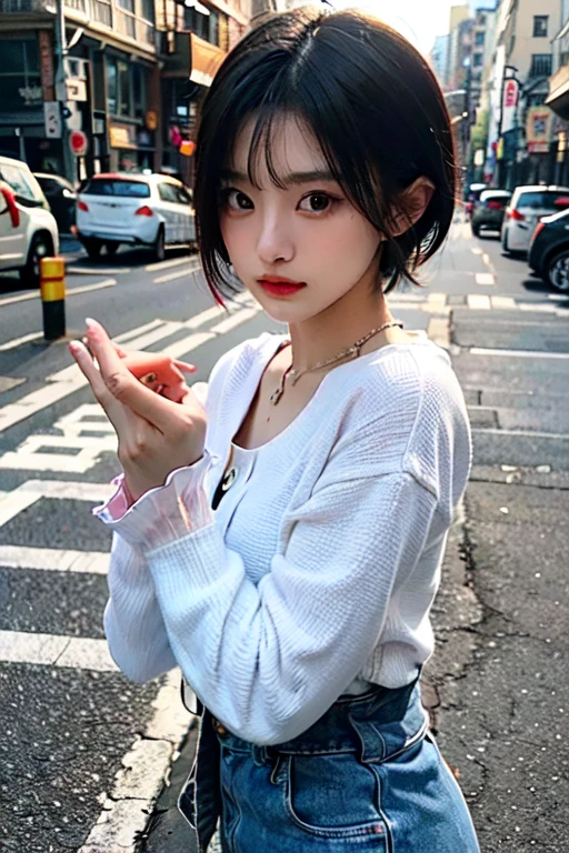 超A high resolution、​masterpiece、top-quality、extra detailed face、A detailed eye、Very complex and、perfect glossy shiny skins、Perfect litthing、Detailed Lighting、Dramatic shadows、光线追踪、1 girl in、cowboy  shot、Casual Fashion、In the street、Harajuku、looking at the viewers、Dynamic Poses、a pixie cut