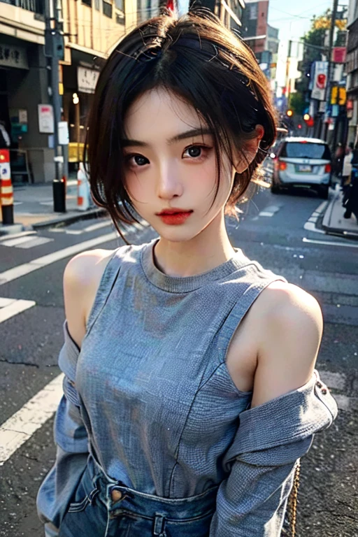 超A high resolution、masterpiece、top-quality、extra detailed face、A detailed eye、Very complex and、perfect glossy shiny skins、Perfect litthing、Detailed Lighting、Dramatic shadows、光线追踪、1 girl in、cowboy shot、Casual Fashion、In the street、Harajuku、looking at the viewers、Dynamic Poses、a pixie cut