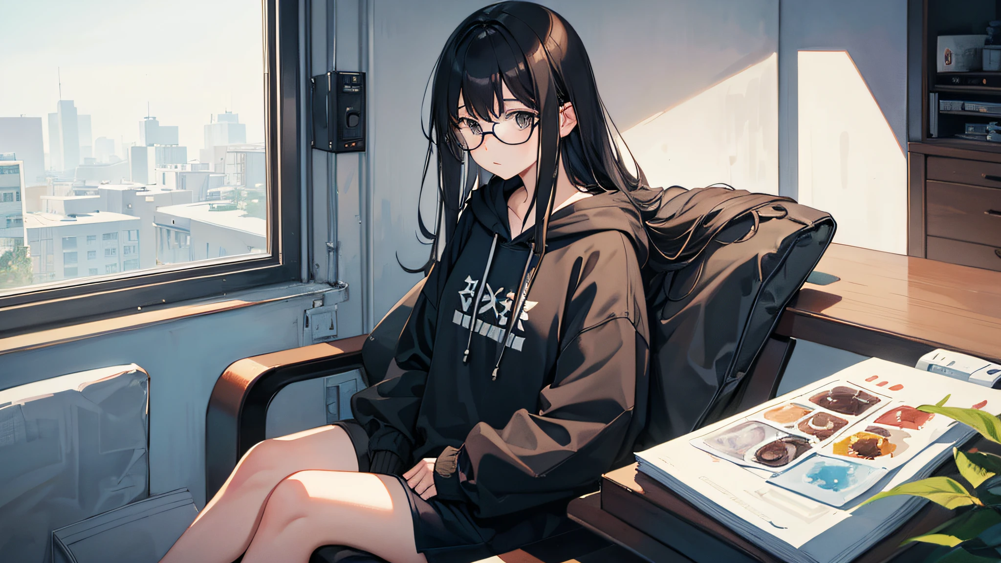 {Watercolor painting},Solo, One girl,painting of beautiful,Medium Long Hair,Black shorts,Eyes without light, Disheveled and unkempt black hair, Black eyes, Glasses, Dark blue hoodie, Lack of motivation, Sat down