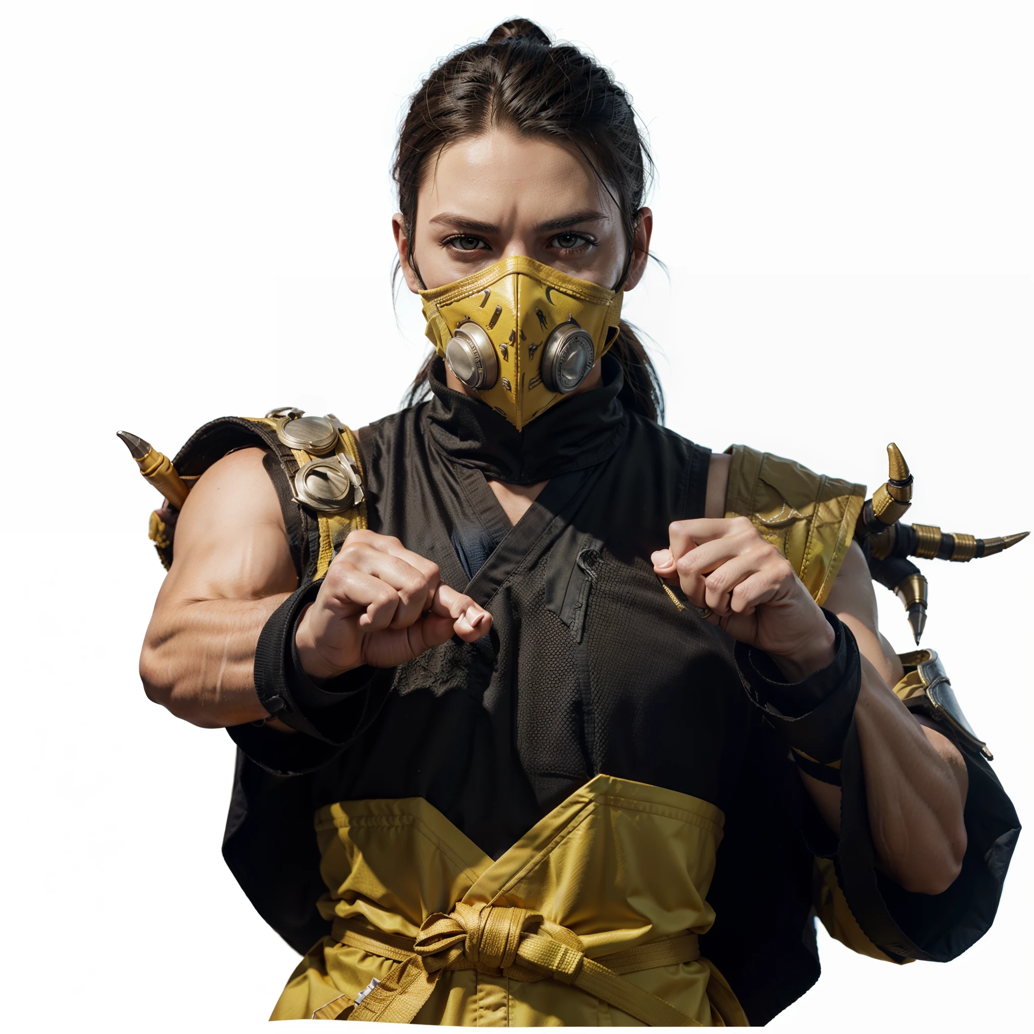 1man, male character, a close up of a person wearing a yellow medical mask and a yellow medical robe, wearing bandana, scorpion from mortal kombat, mk ninja, high detail iconic character, detailed character, correct hands, detailed hands, detailed face, detailed eyes, character from mortal kombat, fighting game character, 8k portrait render, scorpion, 3 d render character art 8 k, in mortal kombat, 8k hq, posing for a fight intricate, mortal kombat 11, octane 8k render