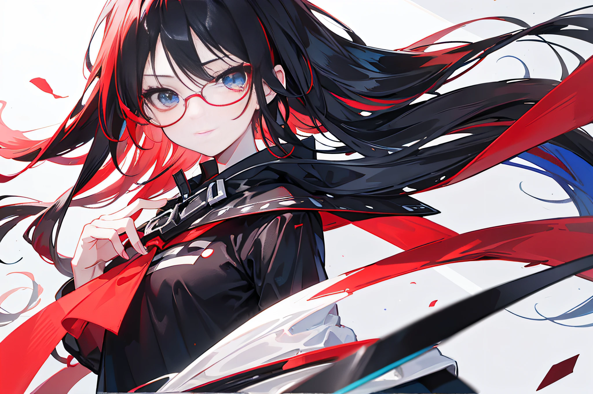 Quite long red-black hair., red highlights, Bright blue eyes.,Detailed face,shy expression,18 year old girl,Black shirt, White shorts,Left blade,Eyeglasses,smily face