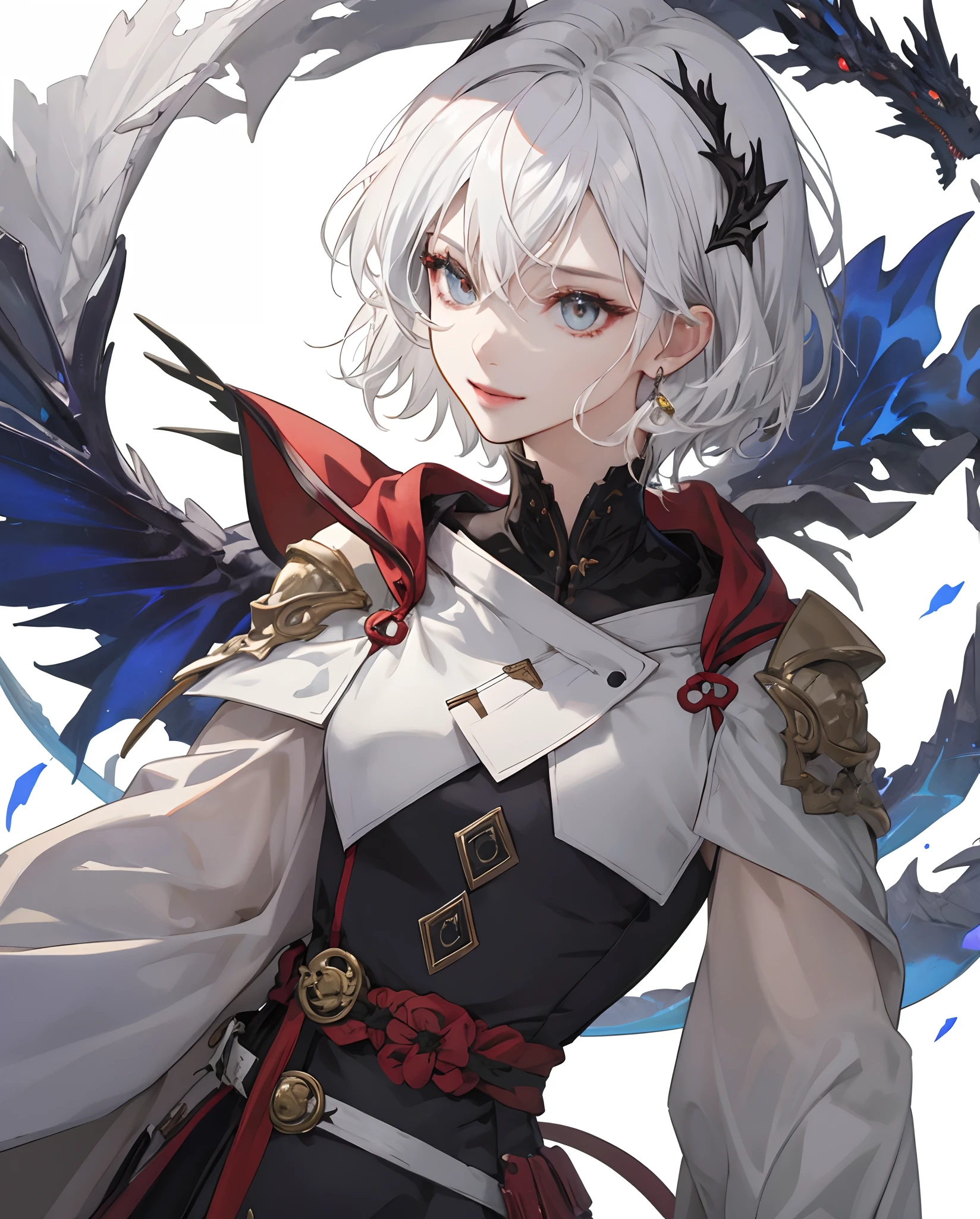 ​masterpiece、top-quality、超A high resolution、2D Beautiful Girl、animesque、teens girl、White hair、short-haired、Appearance like a light dragon、Beautiful white eyes、The clothes are also depicted in detail、Eyes are depicted in detail、The face is depicted in detail、sorcerer、soio、Gentle smile、hair adornments、animesque、illustratio