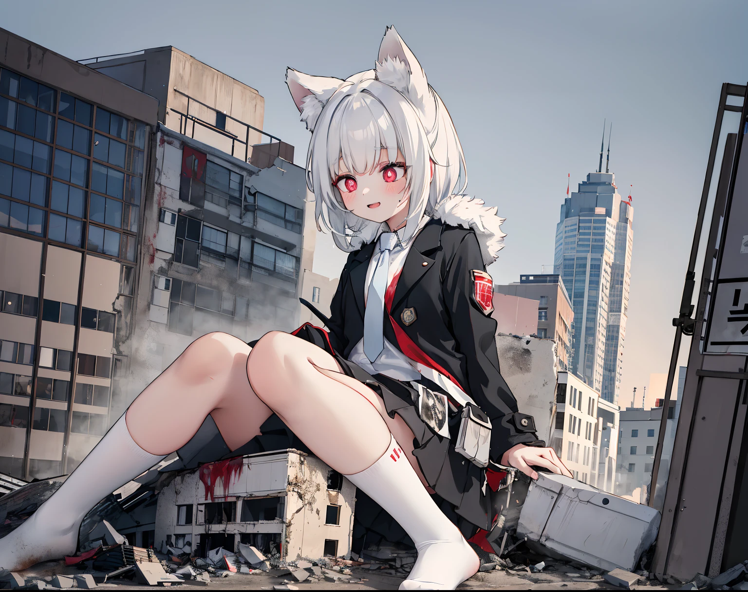 1girll, 16 yaers old, full bodyesbian, Bigger than the building,No shoelack stockinglack jacket with white shirt ,Blue tie,Dark gray hair,Wolf ears,Light red eyes,A cold expression, Destroyed buildings, Sit on a destroyed building,The one who was trampled to death,blood on ground,GTSCity, As a giantess, Bright pupils, Smile, Naughty face, 16k, High quality, High details, Anatomically correct, Textured skin,The feet emit steam,
