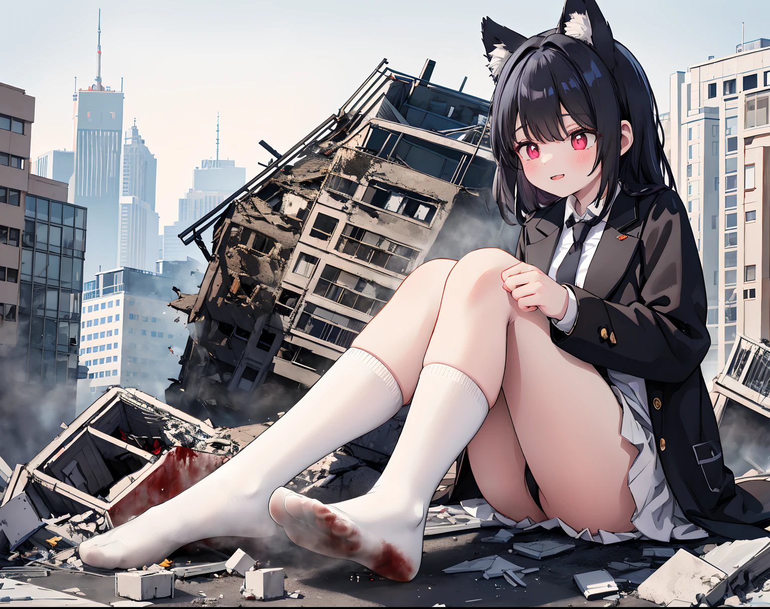 1girll, old, full bodyesbian, Bigger than the building,No shoes,{White short cotton socks,},White cotton socks,Black jacket with white shirt ,Blue tie,Black hair,Wolf ears,Light red eyes,A cold expression, Destroyed buildings, Sit on a destroyed building,The one who was trampled to death,blood on ground,Glued to the ground,The socks were stained with blood,GTSCity, As a giantess, Bright pupils, Smile, Naughty face, 16k, High quality, High details, Anatomically correct, Textured skin,The feet emit steam,