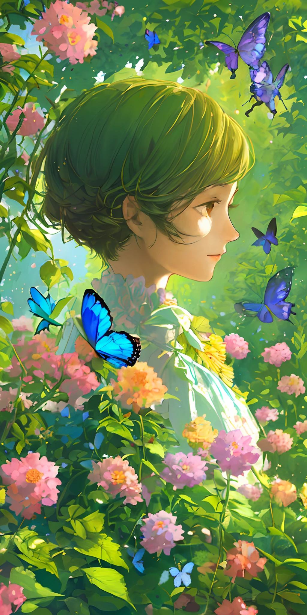 (best quality, masterpiece, ultra-realistic), portrait of 1 beautiful and delicate girl, with a soft and peaceful expression, the background scenery is a garden with flowering bushes and butterflies flying around.