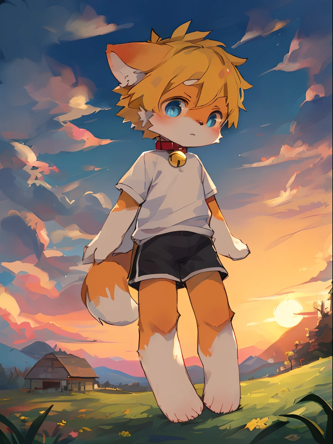 Masterpiece, high quality, absurd resolution, digital painting \ (artwork \), by dagasi, yupa, kiyosan, (fluffy fur, orange fur, full body fur,), boys, blue eyes, yellow hair, shorts, bare feet, bright eyes, panorama, character focus. Detailed background, cloud background, dusk, sunset (bell, pet collar, white short sleeves: 1.2)