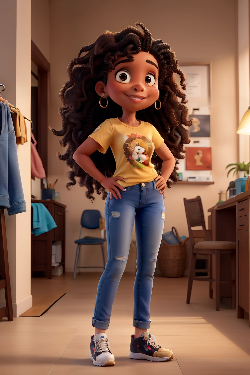 Obra-prima, de melhor qualidade, uma mulher de 30 anos, medium curly hair, cabelo com luzes marrom, com camiseta preta sem estampa, Denim Jeans Pants, sneaker, brinco pequeno e delicado, olhos castanho escuro, large lips, segurando uma tesoura de cortar cabelo, in a well-lit beauty salon, e ao seu lado um Golden Retriever