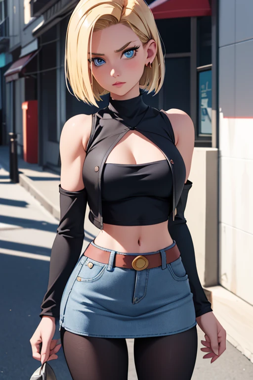 best quality, highres, and18, 1girl, android 18, solo, blonde hair, blue eyes, short hair, earrings, jewelry, denim vest, open vest, black pantyhose, black shirt, denim skirt, striped long sleeves, blue skirt, medium breasts, cowboy shot, street,  (Externally expanded Chest:1.2), (Strapless:1.2), off-the-shoulder,