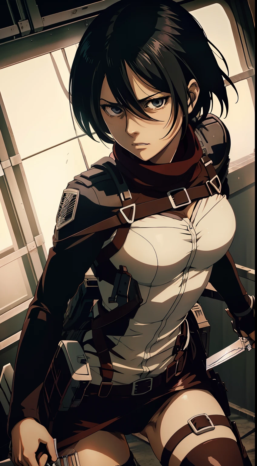 全裸の女性、tits out、Pussy、1girll, Solo, (masutepiece), Best Quality, Ultra-detailed, Mikasa Ackerman,in fighting，Wielding a knife