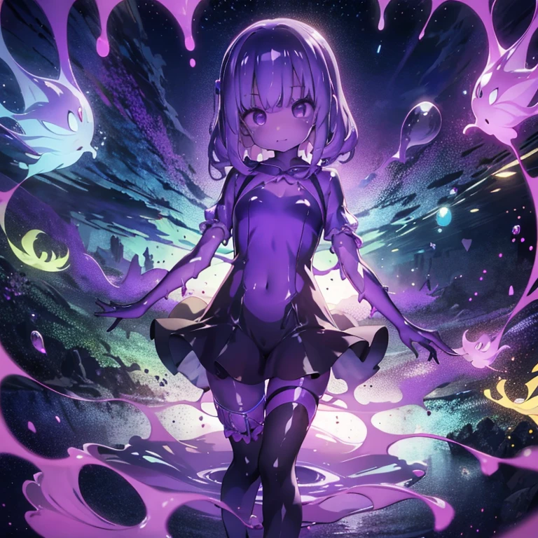 Slime Anima Girl, Purple body, Transparent, Standing backwards, With Leg Raised, showing the foot.
