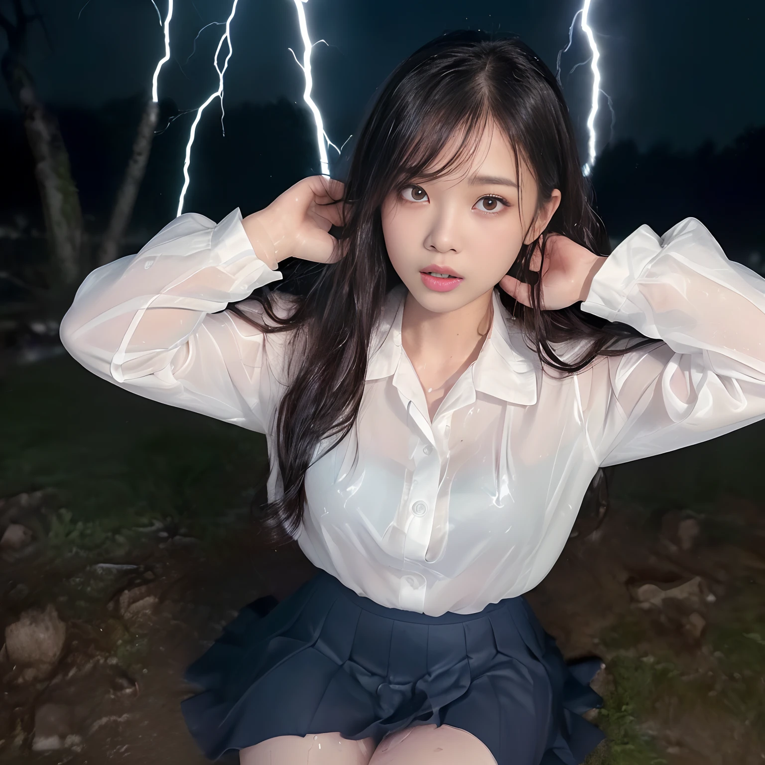 ((Best Quality, masutepiece, 超A high resolution、The most complex and detailed depictions)),((1 schoolgirl、Wet white uniform shirt、Uniforms that fit snugly against the skin、The uniform is wet and tight to the skin、The perfect texture of a wet shirt、Complex texture of wet clothes、The perfect texture for wet hair、Perfect texture down to the smallest detail of wet clothes、White shirt over wet uniform、Perfect water drop texture、Underwear that shows through naturally、Wet and naturally sheer underwear、Perfectly expresses the texture of drenched hair、Complex and detailed water drop texture、Perfectly drawn water droplets、Ribbon on the chest、Wearing a dark blue wet skirt、Wet High School Uniform))、it is raining heavily、stormy、bao phan、strong wind blowing、Very heavy rain、((Lightning flashes、Lightning、Thunderbolt、Ground cracking、Cracked ground、Ground trap、There is a huge groove in the ground、Very complex and realistic lightning、Thunderbolt、Lightning glow、Big thunder、a dark night、feeling of despair、heavy wind、Giant Thunder、Pale lightning、One giant lightning bolt))、Precise legs、perfect anatomia、Looking at the camera、((Sit with your arms on the ground、Sit with your feet on the ground、Sit up straight on the ground、Sit on the ground))、He looks up at me、soaked body、((sodden、The skin is faintly visible from the top of the clothes、Wet and see-through skin、Underwear that can be seen faintly from the top of the clothes))、Sad face、Face of fear、Looks cold、face that seems to cry、terrified expression、The Extreme Look of Fear、Alone in the city、((very wet hair、Very wet uniforms))、((Lightning flashes、drenching、bao phan、Ōlan、Fallen tree in the background、Rubble on background))、fallen wood、rubble、whole body soaked