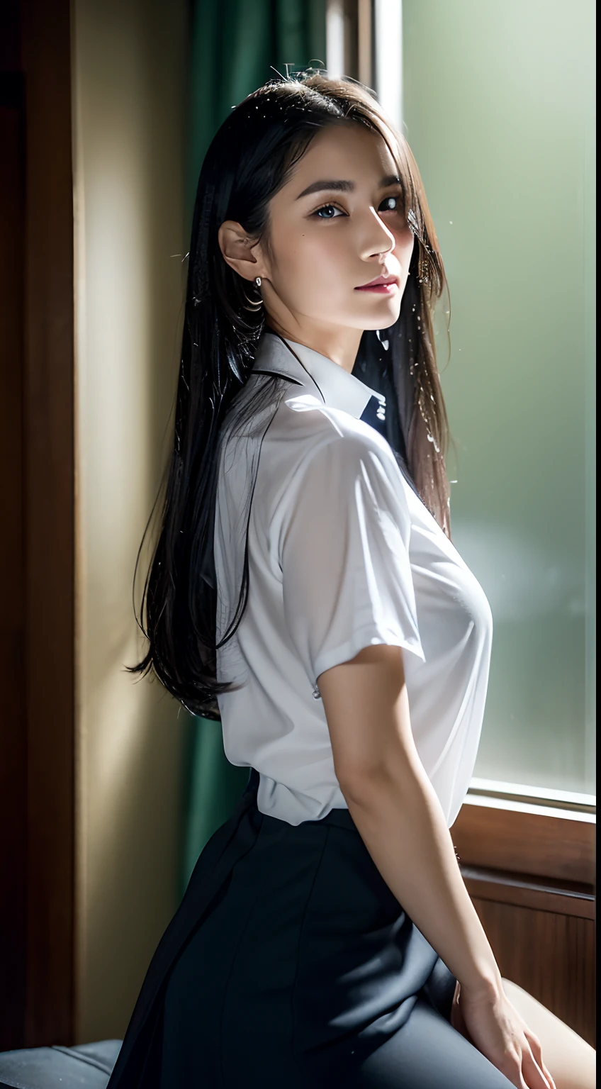 (((32k,high detal,high-detail、masterpiece,Attention to detail,full body Esbian,独奏))),Raw photo & realistic atmosphere,beautiful dark blue eyes,Detailed mouth,Glossy lips,Detailed eyebrows,Eyes drawn in detail with soft white skin that shines with every detail、azure eyes,Very beautiful eyes,Detailed lips、Very beautiful face,Very well-formed face、Lifelike face,shiny beautiful lips, Realistic Young Gravure Idol, Very beautiful woman, , Young Sensual Gravure Idol, Young Gravure Idol, Beautiful and cute mature woman 26 years old,the whole body is wet,dripped out,with a flushed face,Incredibly beautiful, Sexy and classy16-year-old girl,semi-long brown shiny hair,Hair is wet,Dripping water,dripping,(Looking at the camera:1.4),(darkness,Very dark,Use a flashlight、Illuminate the subject in a pitch-black room with no light:1.7),(A sexy,Healthy toned body,HDT Vision Japan HDT Vision Black HDT Vision Black HDTV Uniform,((ty)),,Mature body, I'm anxious and about to cry,Moist eyes,cold smile,glareing,The glaring face is also beautiful,High-resolution arm,,high-definition fingers,:1.5),((Collared buttoned shirt、Super huge、pencil skirts、a necklace、piercings、Sit upright with sexy legs、full body Esbian:2.0、houseplant、s Office)),((From the knee up、Backward posture:2.0、The back is visible))