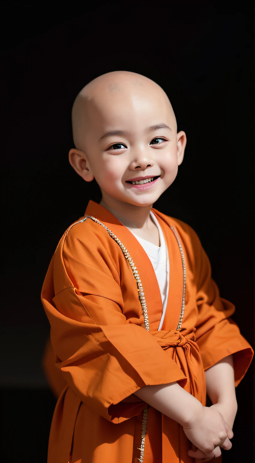 Boys aged 2-5 years，Wearing an orange embroidered monk's robe，Bald little monk，There are dimples、a little bit chubby、white skinned，a baby face，A solid black background is always smiling。8K分辨率，Meticulous technology，super adorable