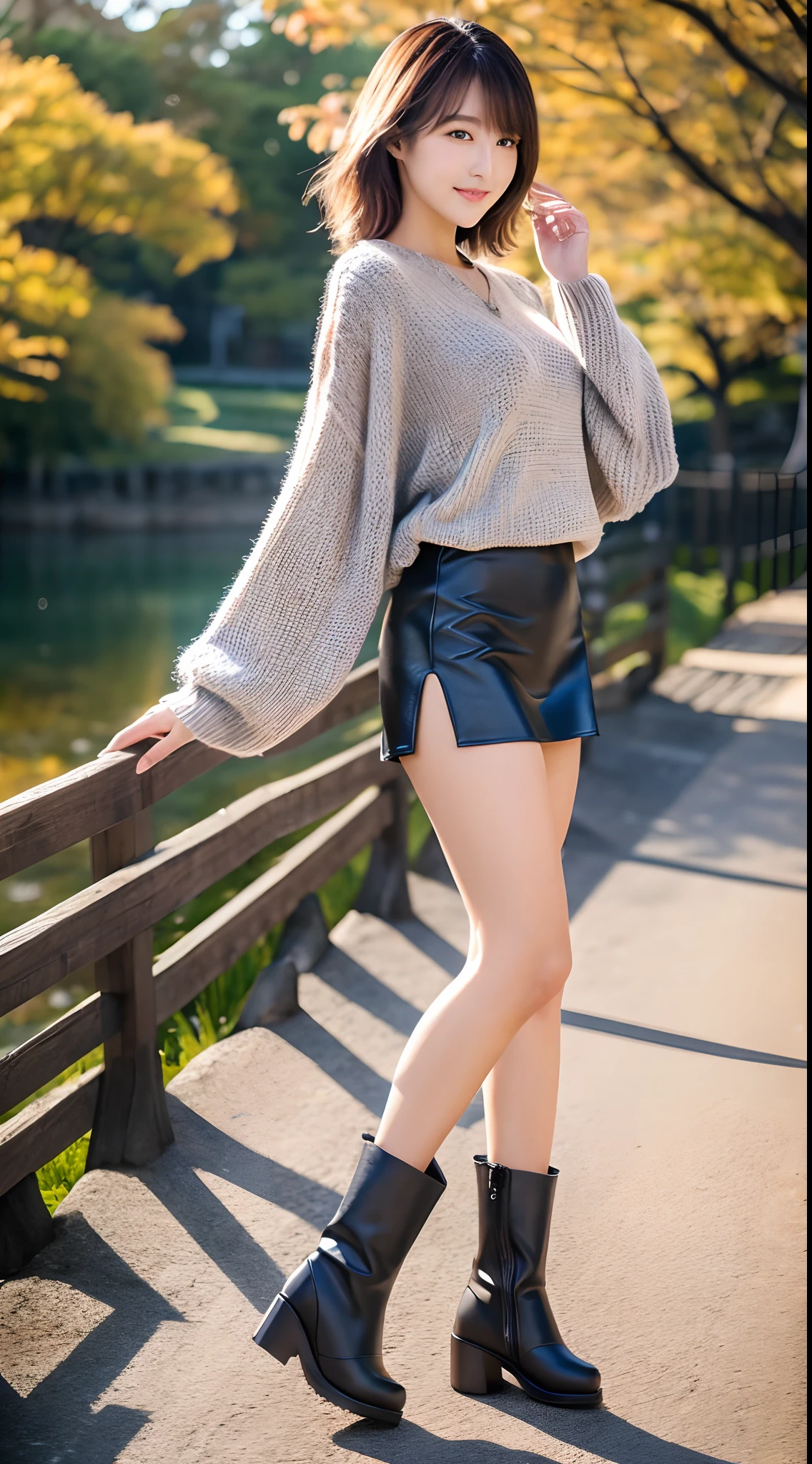 Best Quality, 8k, 32k, Masterpiece, UHD: 1.3), Attractive Japan Woman Pictures, One Girl, (Big: 1.0), Abs, Perfect Body, (oversized tunic sweater : 1.1), (boots:1.1),Ultra Detailed Face, Detailed,full body,