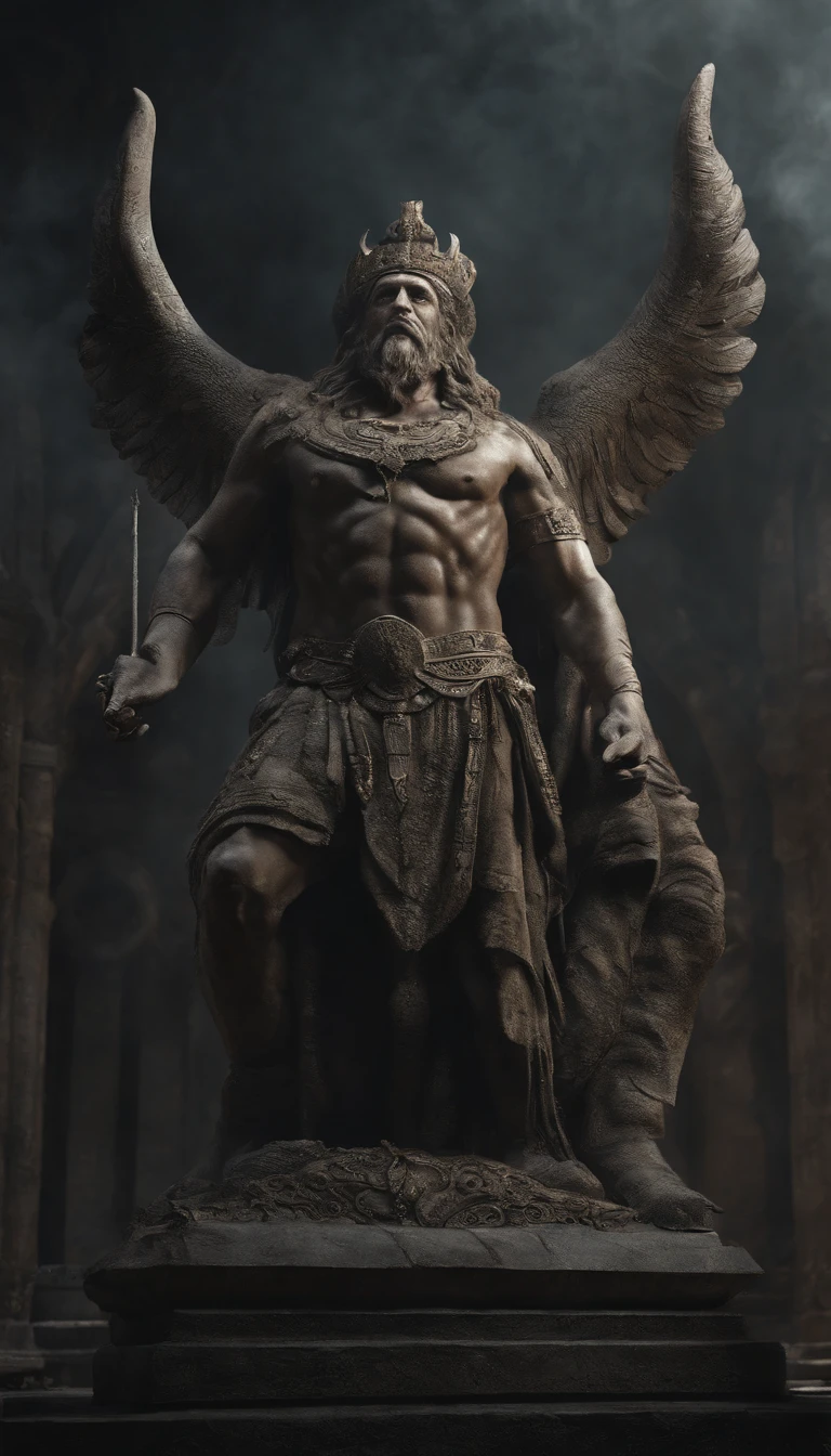 (best quality,4k,highres,masterpiece:1.2),ultra-detailed,realistic:1.37,giant demonic statue,stone sculpture,ominous atmosphere,ancient relic,dark shadows,weathered texture,imposing presence,towering figure,detailed features,eyes glowing with eerie light,monumental scale,majestic pose,mysterious runes,cracks and weathering on the surface,ethereal aura,surrounded by mist,ominous sky,ominous lighting,dramatic composition约束