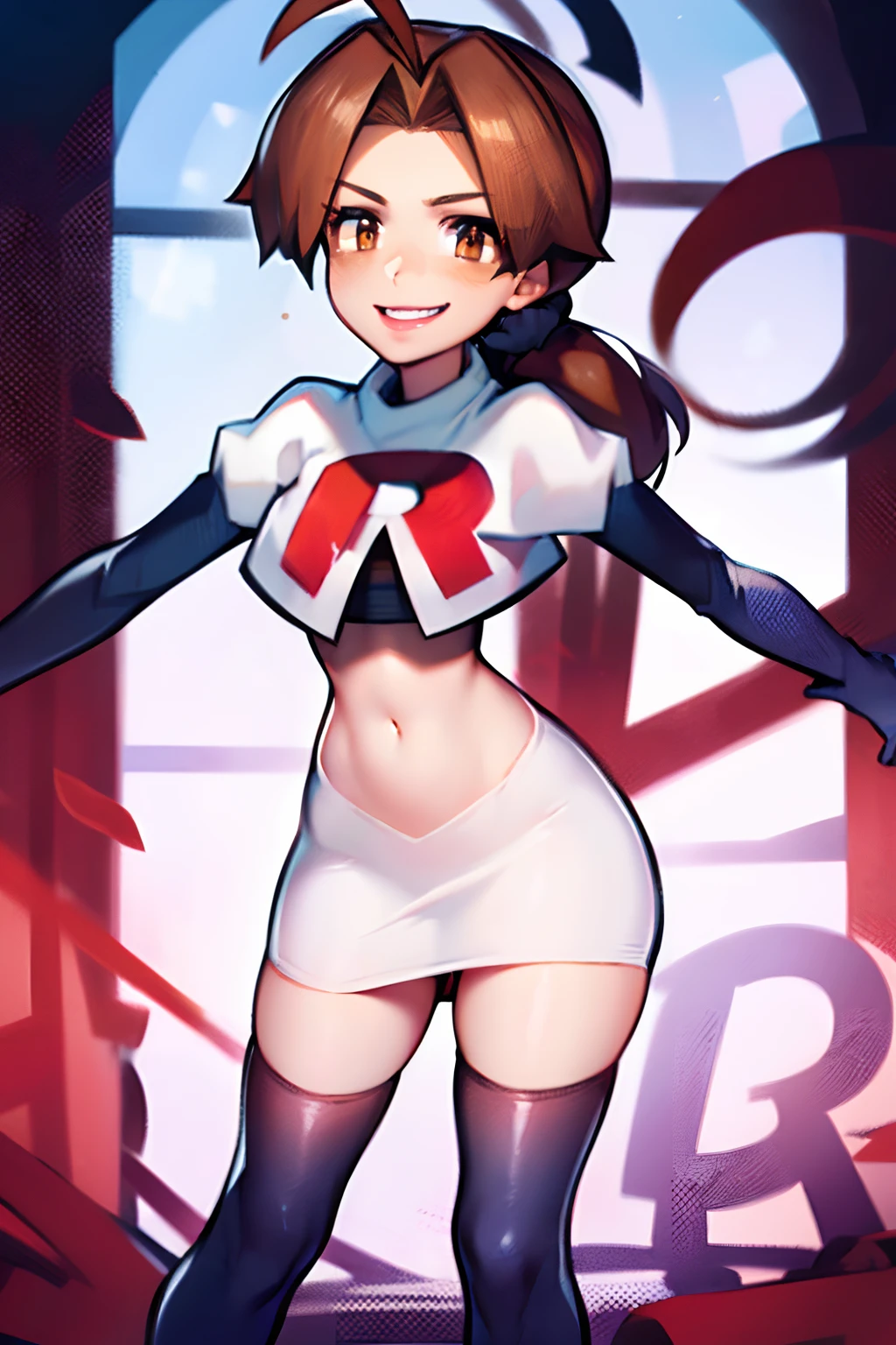 deliaketchum, brown hair, (brown eyes:1.7), parted bangs, (ahoge:1.5), ponytail, low ponytail, team rocket, team rocket uniform, red letter R, white skirt, white crop top, black thigh-high boots, black elbow gloves, evil sinister smile, red lipstick, blue eye shadow