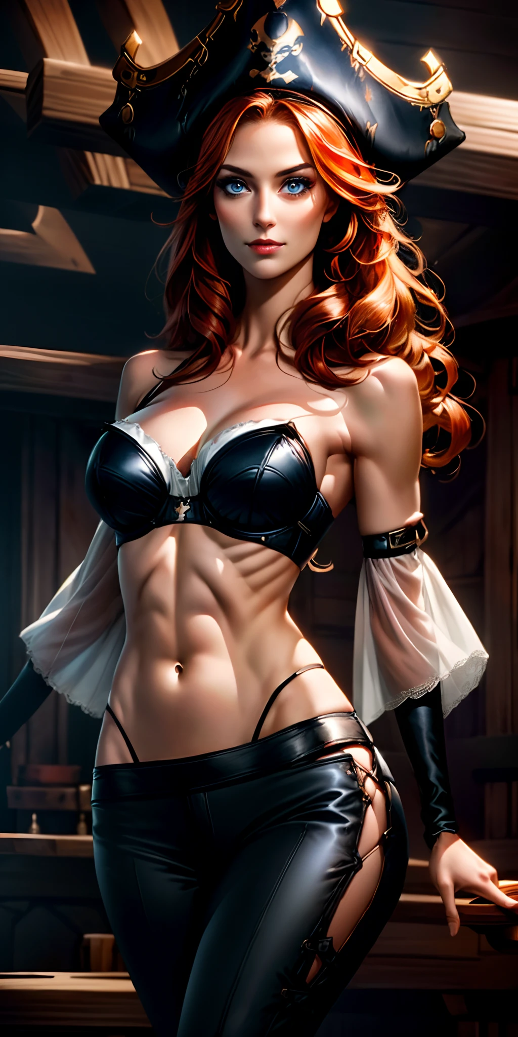 (masterpiece, best quality)1.5, 1girl, solo, (sexy, beautiful woman, perfect face, perfect eyes)1.5, (sarah fortune, miss fortune, black pants, knee-high boots, black midriff, cutlass sword, pirate hat, black bra, strap slip, bare shoulders, detached sleeves, wide white sleeves, pants ), (standing inside the captain's room of a pirate ship)1.5, (orange hair, blue eyes), (medium breasts:1.5), (perfect female body:1.5), seductive smile, perfect lighting, smooth, hdr, 8k resolution, looking at viewer,