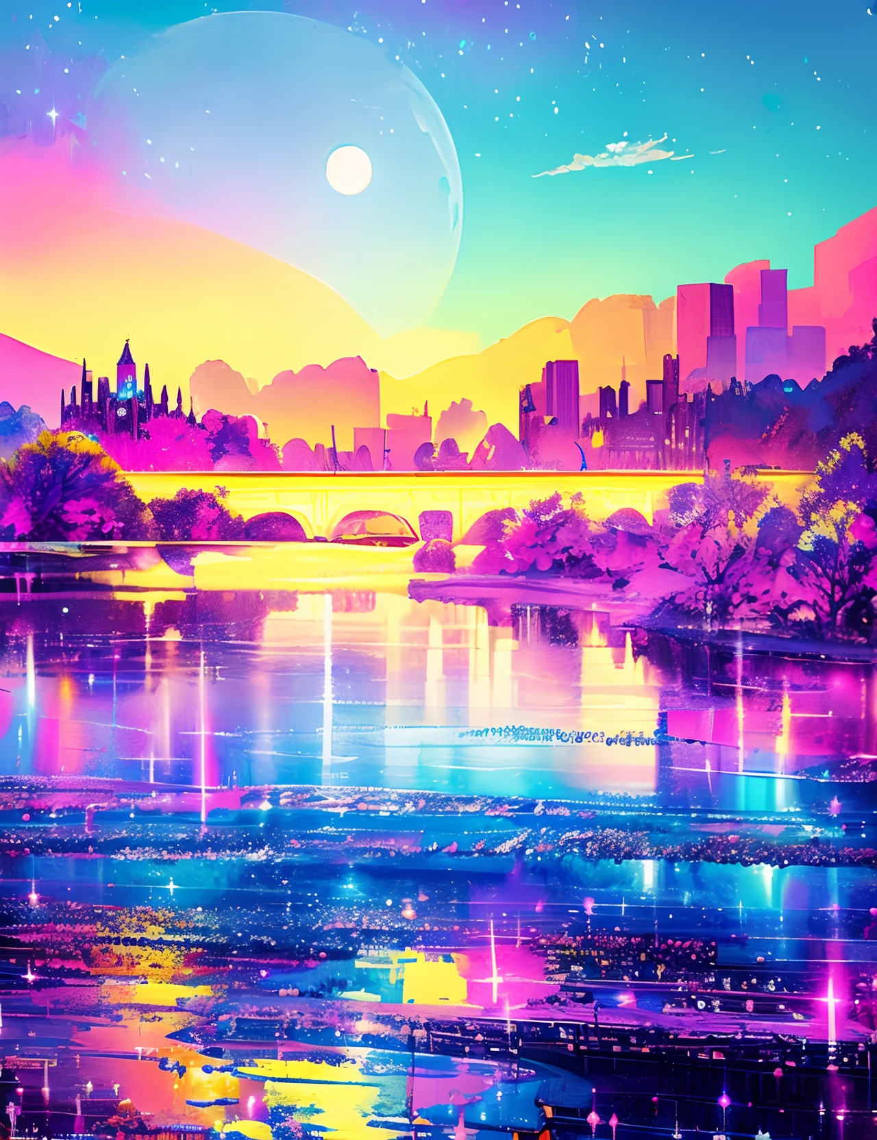 metropolitan、Colorful Metropolitan Museum of Art、River painting with stars and moon in rainbow sky、the met、Shining skyscrapers、Shine across the board、Skyscrapers、Concept art inspired by Mitsuoki Tosa、pixiv contest winners、top-quality、Fantasyart、beautiful anime scene、Bright moon、Moonlit star environment、Dream painting、Anime Background Art、Fantasy landscape art、fantasy knight、anime backgrounds、background artwork、Fantastic art、atmospheric anime、starrysky、Detail has been enhanced。