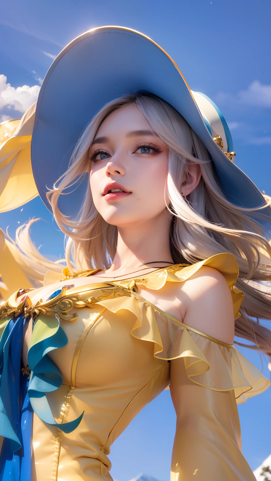 best quality,4k,8k,highres,masterpiece:1.2,ultra-detailed,photorealistic:1.37,landscape,portraits,professional,sharp focus,vivid colors,HDR,physically-based rendering,bokeh,studio lighting,extreme detail description,realistic digital painting,Northern Lights,snow-capped mountains,crystal clear lake,swaying pine trees,serene atmosphere,majestic beauty,sunlight pouring through clouds,subtle color transitions,delicate brushstrokes,dramatic depth of field,peaceful solitude,harmonious color palette,ethereal glow,meticulous attention to detail,audience captivated,breathtaking scenery,impeccable level of realism,awe-inspiring landscape,serenity depicted in every stroke,(large D breast and exsposed cleavage: 1.6),naughty smile,red lips,bright yellow eyes,