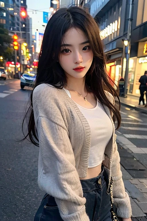 超A high resolution、​masterpiece、top-quality、extra detailed face、A detailed eye、Very complex and、perfect glossy shiny skins、Perfect litthing、Detailed Lighting、Dramatic shadows、光线追踪、1 girl in、cowboy  shot、Casual Fashion、In the street、Harajuku、(Shy smile:0.6)、looking at the viewers、Dynamic Poses、Straight brown hair、medium breasts⁩