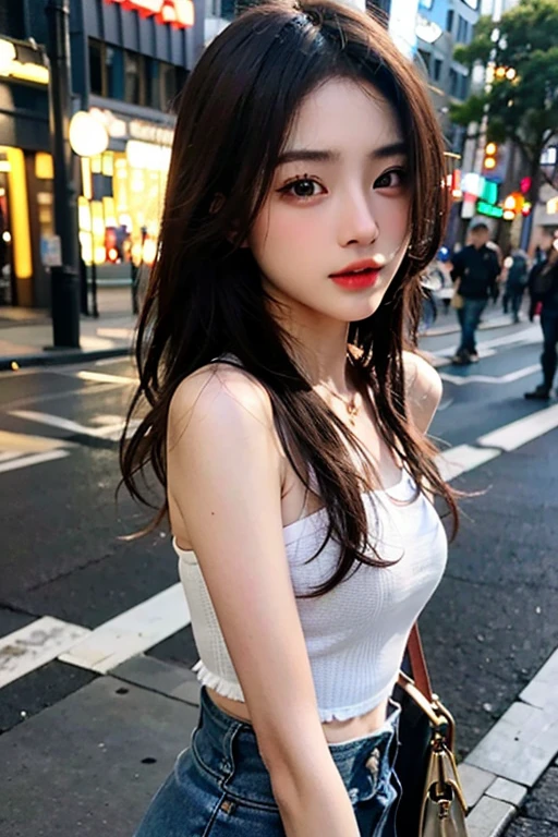 超A high resolution、masterpiece、top-quality、extra detailed face、A detailed eye、Very complex and、perfect glossy shiny skins、Perfect litthing、Detailed Lighting、Dramatic shadows、光线追踪、1 girl in、cowboy shot、Casual Fashion、In the street、Harajuku、(Shy smile:0.6)、looking at the viewers、Dynamic Poses、Straight brown hair、medium breasts