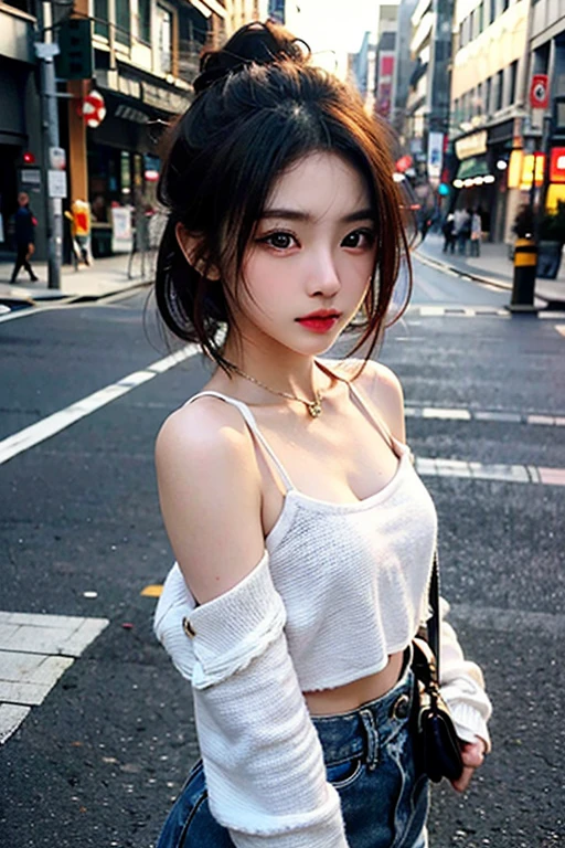 超A high resolution、​masterpiece、top-quality、extra detailed face、A detailed eye、Very complex and、perfect glossy shiny skins、Perfect litthing、Detailed Lighting、Dramatic shadows、光线追踪、1 girl in、cowboy  shot、Casual Fashion、In the street、Harajuku、(Shy smile:0.6)、looking at the viewers、Dynamic Poses、Straight brown hair、medium breasts⁩