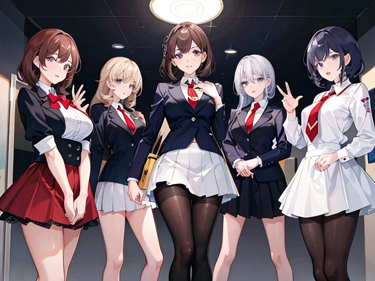 ((tmasterpiece:1.4,best qualtiy))+,(Hyper-detailing)+,(Ultra-detailed eyes)+,Four Girls,Girls 4,Get together,picture,Four people,white shirt,pleatedskirt,Red tie,having fun,The right human body,standing on your feet,adolable,big breasts beautiful,Expressions vary,Os amigos,flatchest,15year old,The movements vary,Standing together