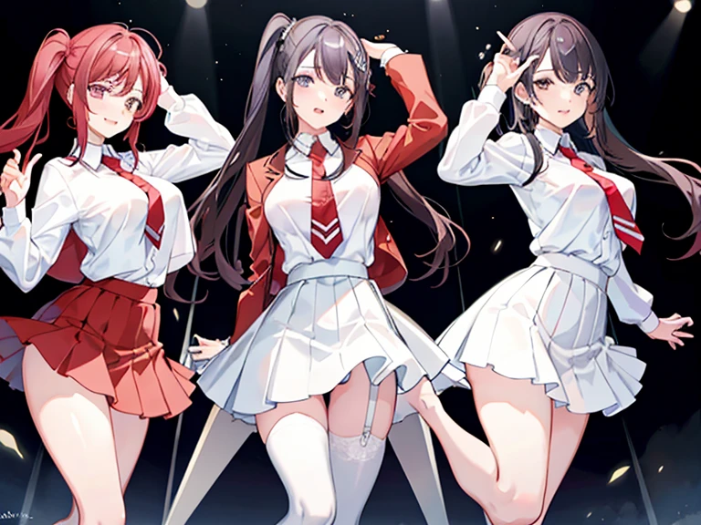 ((tmasterpiece:1.4,best qualtiy))+,(Hyper-detailing)+,(Ultra-detailed eyes)+,Four Girls,Girls 4,Get together,picture,Four people,white shirt,pleatedskirt,Red tie,having fun,The right human body,standing on your feet,adolable,big breasts beautiful,Expressions vary,Os amigos,flatchest,15year old,The movements vary,Standing together