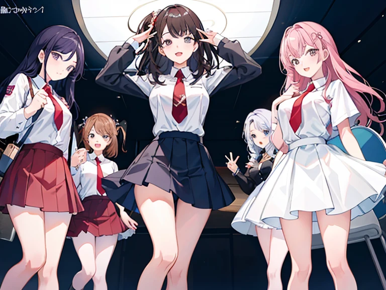 ((tmasterpiece:1.4,best qualtiy))+,(Hyper-detailing)+,(Ultra-detailed eyes)+,Four Girls,Girls 4,Get together,picture,Four people,white shirt,pleatedskirt,Red tie,having fun,The right human body,standing on your feet,adolable,big breasts beautiful,Expressions vary,Os amigos,flatchest,15year old,The movements vary,Standing together