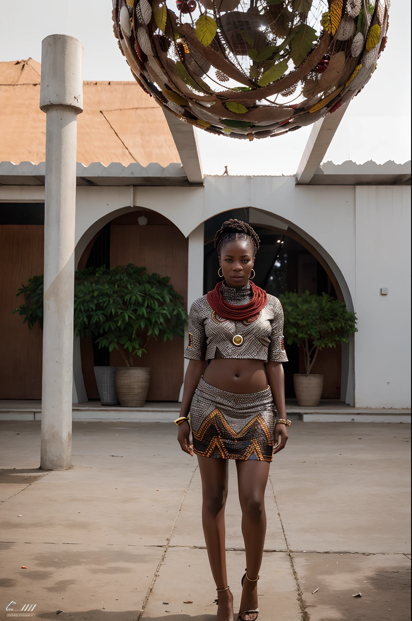 Low angle shot of African woman dressed in African designed clothes made of beads and leaves, standing in a futuristic empty space full of floating spherical drones, red sky reflected on the reflective ground surface, grey light shining in the scene giving a grey white cinematic look in the scene, artgerm style, 32k, ultra HD, unreal engine rendered, hyper-realistic image,