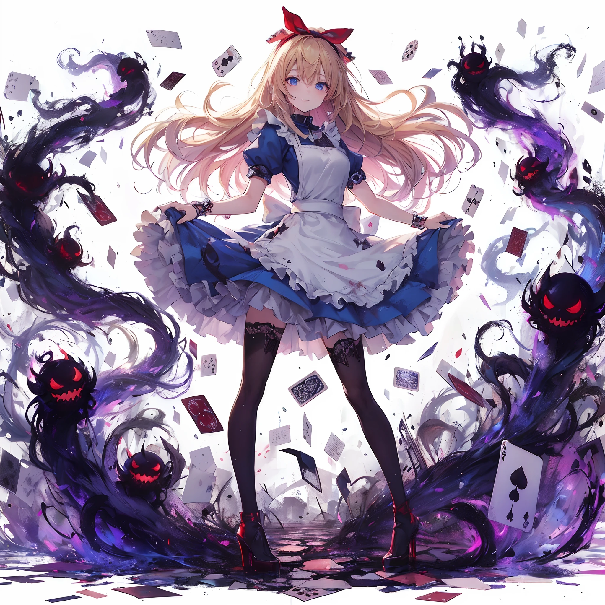 (masutepiece, Best Quality), (Perfect athlete body:1.2), (detailed hairs), Ultra-detailed, Anime style, Full body, Solo, Fantasy Blonde Hair, blue eyes girl, Apron dress like Alice in Wonderland, Playing cards with her hands, red hairband, Black-purple miasma swirls, Lots of whispers of floating black demons, Nightmarish sights, Standing in the wasteland, high heels boots, Digital Painting, 8K High Resolution, trend artstation, White background, Whole body, Bad smile