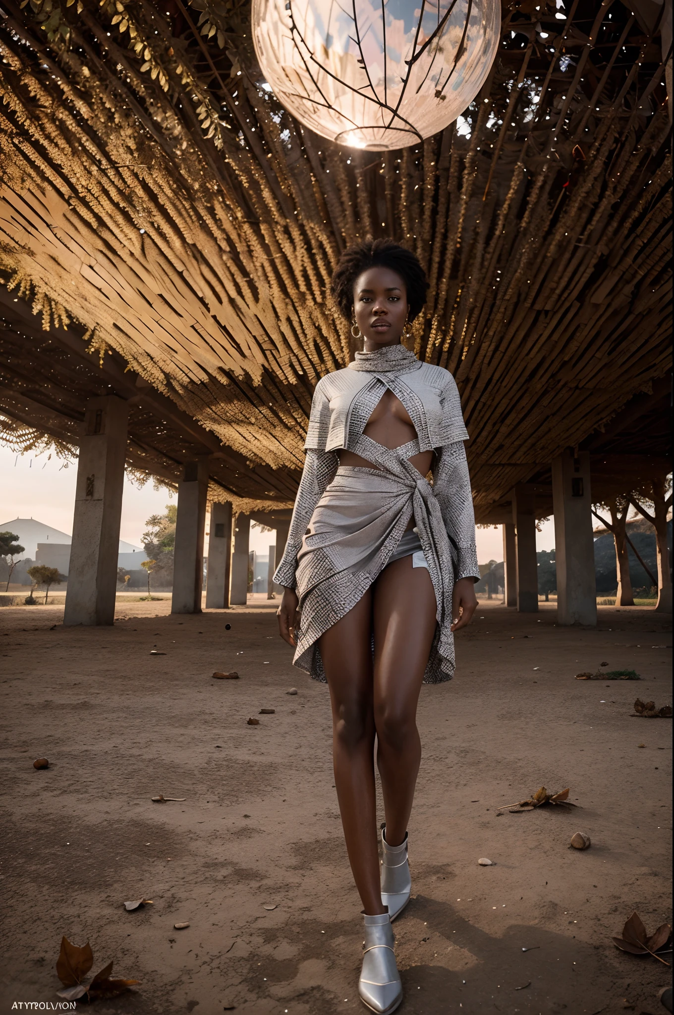 Low angle shot of African woman dressed in African designed clothes made of beads and leaves, standing in a futuristic empty space full of floating spherical drones, red sky reflected on the reflective ground surface, grey light shining in the scene giving a grey white cinematic look in the scene, artgerm style, 32k, ultra HD, unreal engine rendered, hyper-realistic image,