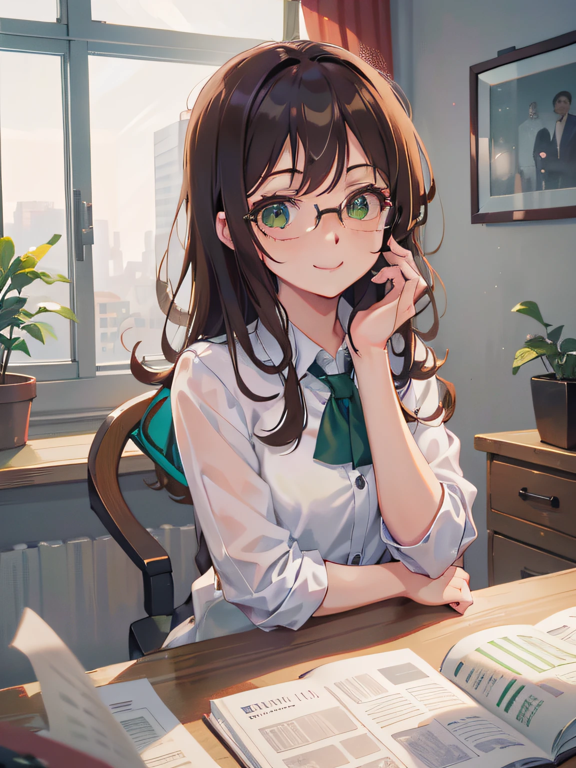 (masutepiece), (Best Quality), 超A high resolution, Sharp Focus, ((1 woman, Solo)), (In the office), (In the morning hours:1.2), Upper body, Medium Long Shot, nffsw, beautiful detailed hair, chestnut brown hair, Long hair rolls down, Glasses, ((Beautifully shaped eyes, Green eyes)), beautifull detailed face, Perfect feminine face, Comfortable face, Look at the viewer, Smiles, formal office attire