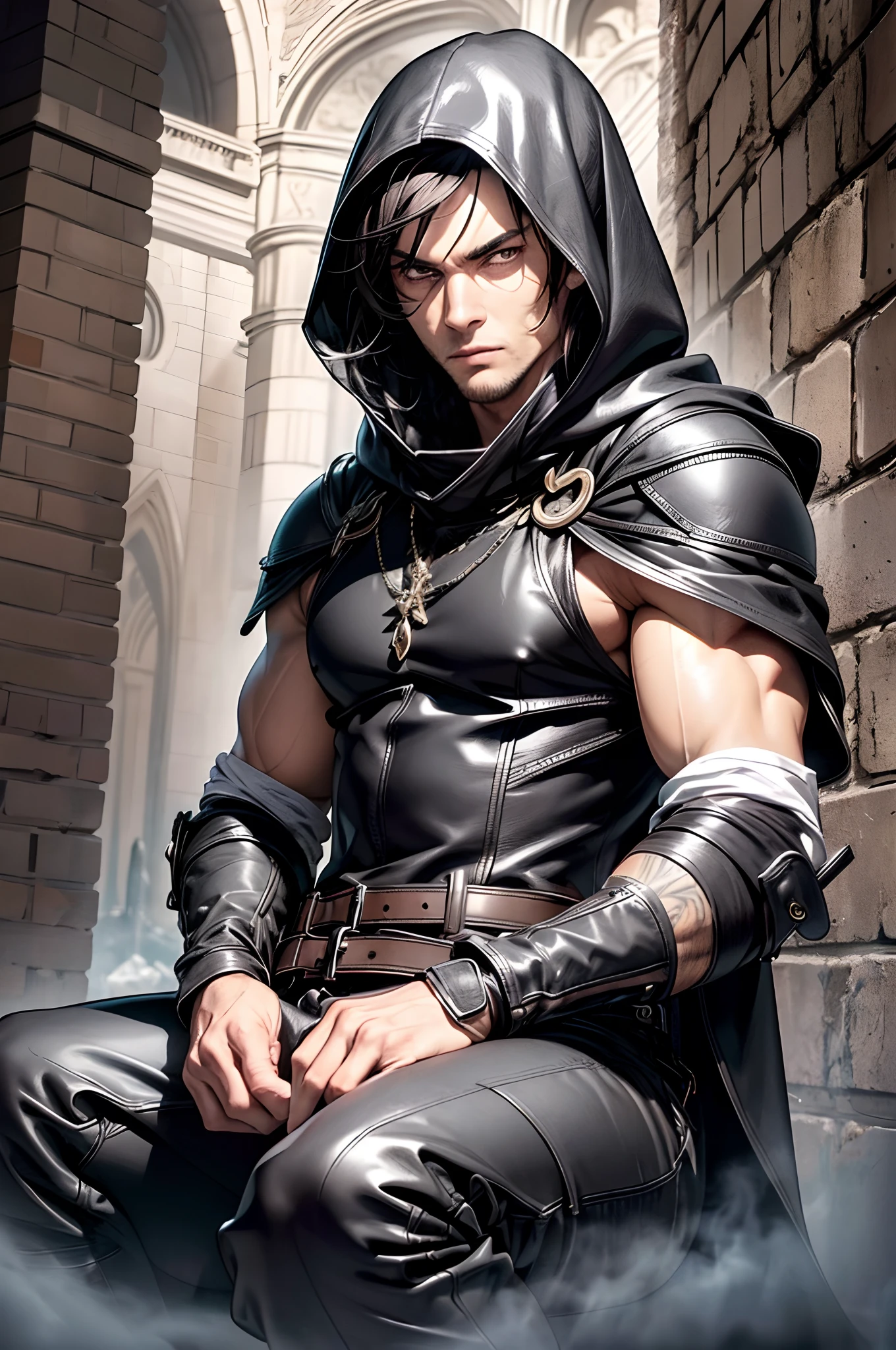 (absurderes, hight resolution, ultra-detailliert), 1 male, Adult, Handsome, High muscular face, broad shoulders, finely detailed eyes, Short black hair, Brown eyes, Black cloak, Wearing a hood, Leather Vest, Leather bag at waist, 2 daggers on the belt, castle, Atmosphere in the Middle Ages, Natural Light and Shadow, Bright particles fly around a man, Fantastic, Mysterious, Bright glow, Seated Pose, Serious expression, Cold, thoughtful, Mouth Shut