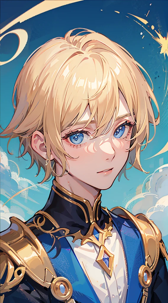 close up shoulder potrait 1 boy with blonde hair and blue eyes, handsome 20 years old, top quality