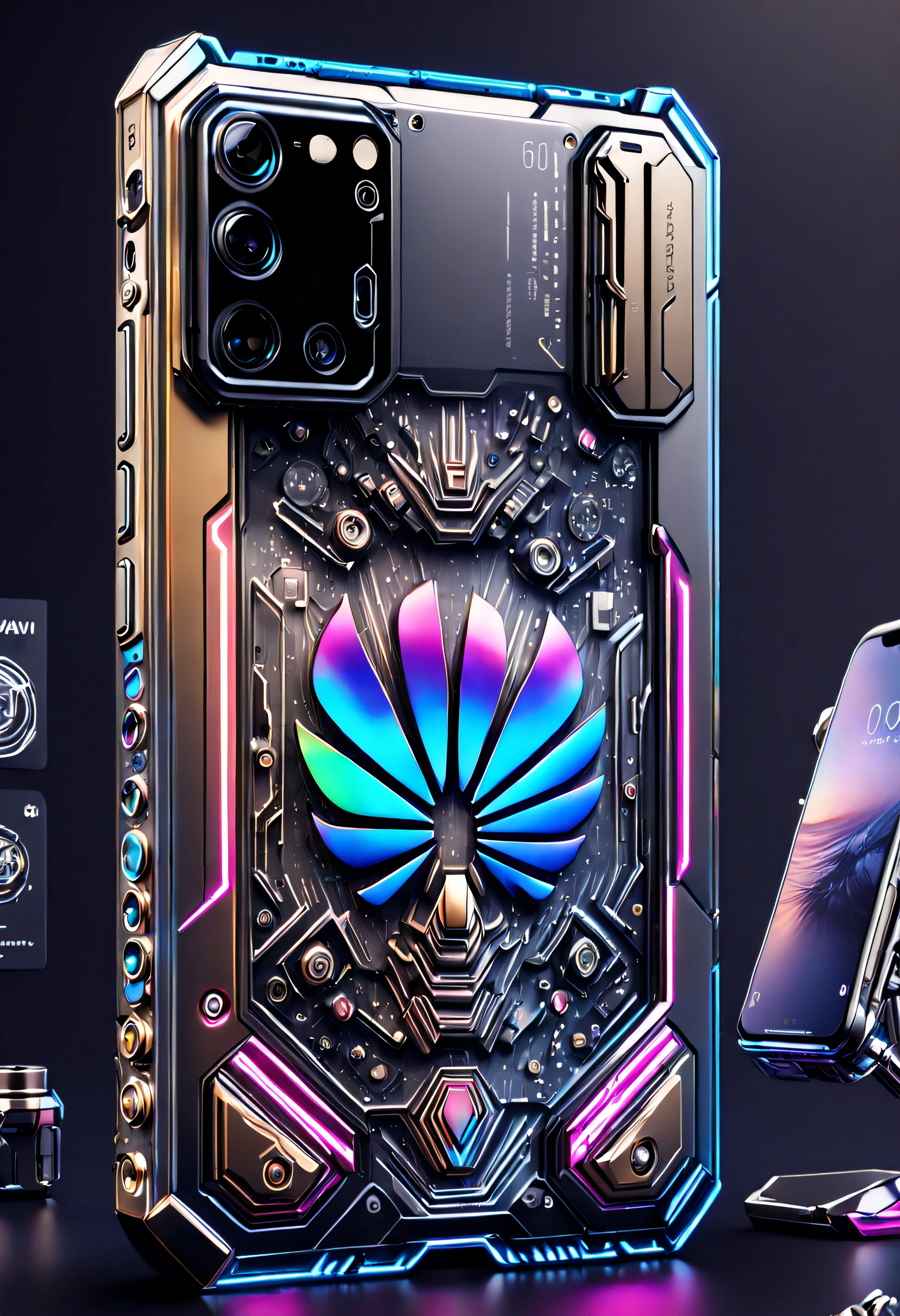Huawei phones of the future, (Nothing but mobile phones),(No Man), (A phone back:Gundam mecha made of complex futuristic Huawei mobile phone 1,The head of the Gundam mecha is engraved on the phone,The entire phone is made of titanium and crystal glass structure,Sci-fi from start to finish,Details with metallic ice texture,Mechanical technology process manufacturing of the future,metallic luster,Icy mechanical line beauty), Colorful colorful, luxury goods,(A portrait of the front of a mobile phone: 1.5, A smartphone with a crystal glass structure, Holographic hard light screen, The scene shows different applications, Futuristic technology,Deploy Linux applications on your phone, Android icon, Linux icon, Smooth lines, High-tech icons, Cyberpunk , Simple icons, Unix terminals, Mono Color, Clean user interface with high contrast, Concise background,Mobile advertising,art stations,product-view), solofocus,(tmasterpiece), high qulity,1.4 times real, Simple icons, art stations,(The front image and the back image of Huawei phones in the future are in the same picture: 1.5),phone,Phone case