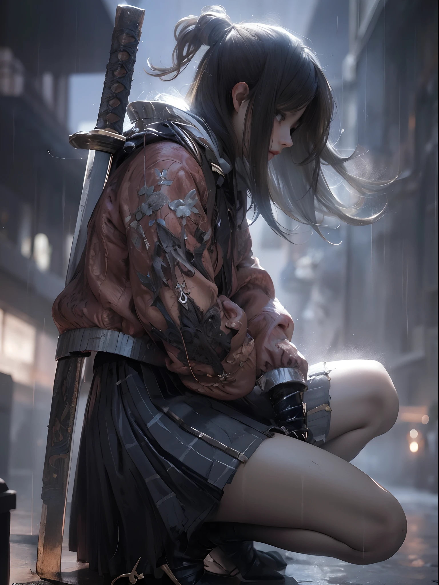 (hews art style:0.7), score_9, score_8_up, score_7_up, score_6_up, score_5_up, score_4_up, uncensored, yor briar, black hair, white hairband, sidelocks, red eyes, BREAK (masterpiece:1.2), best quality, high resolution, (detailed eyes:1.3), perfect lighting, (perfect hands, perfect anatomy), large breasts, sagging breasts, 1girl, solo, sword, skirt, jacket, pleated skirt, blurry, katana, blurry background, from side, gloves, squatting, outdoors, black gloves, shoes, black footwear, long sleeves, rain, weapon on back, black skirt, profile, depth of field, full body, sheath, between legs, bare legs, bokeh, temple, looking at viewer, water drop, wet hair, stray hair,