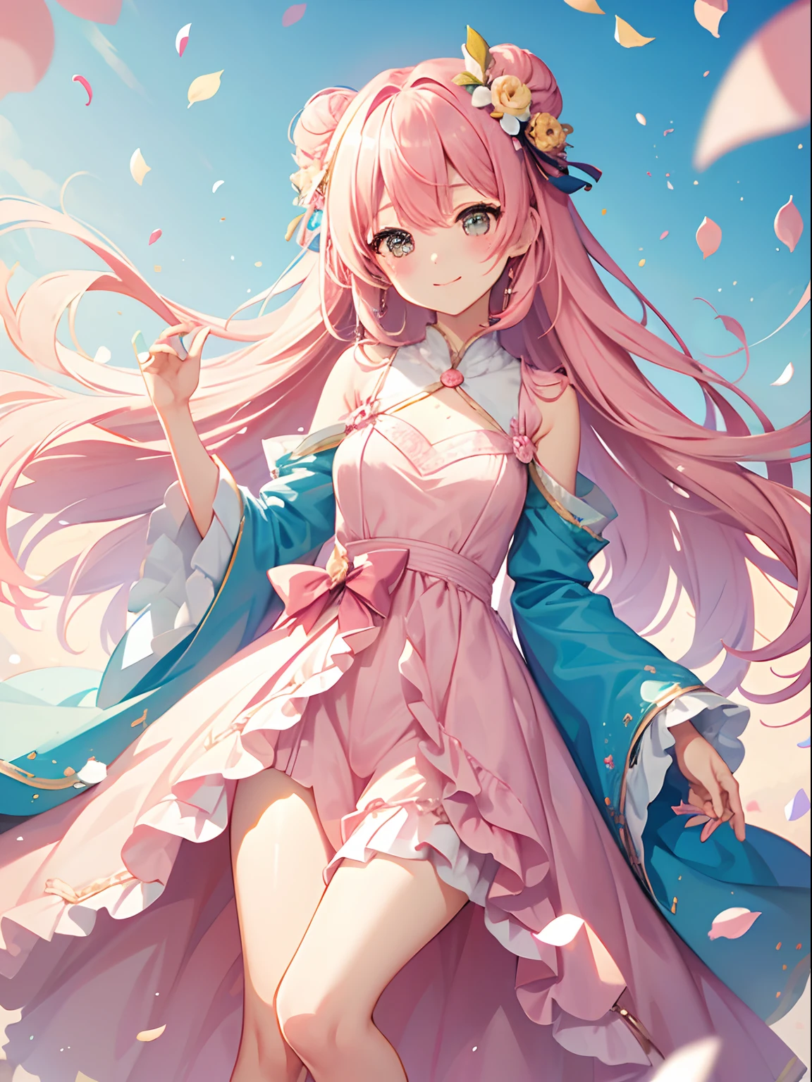 One girl、Pink hair、PastelColors、Cute、blush, tiny chest, celebration, long dress, colorful confetti, smile