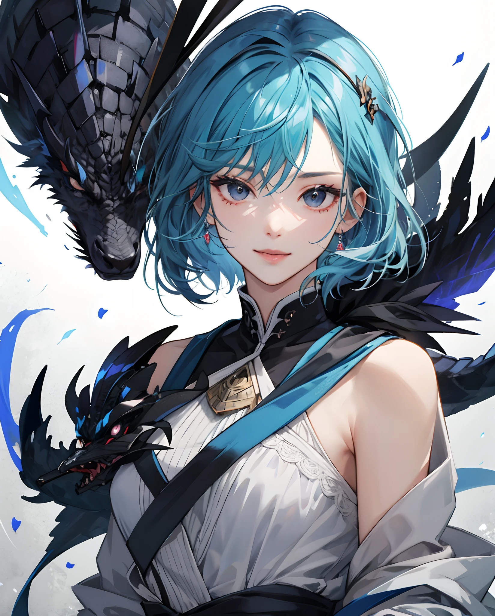 masterpiece、top-quality、超A high resolution、2D Beautiful Girl、animesque、s girl、Blue hair、short-haired、Appearance like a black dragon、Beautiful black eyes、The clothes are also depicted in detail、Eyes are depicted in detail、The face is depicted in detail、sorcerer、soio、Gentle smile、hair adornments、animesque、illustratio