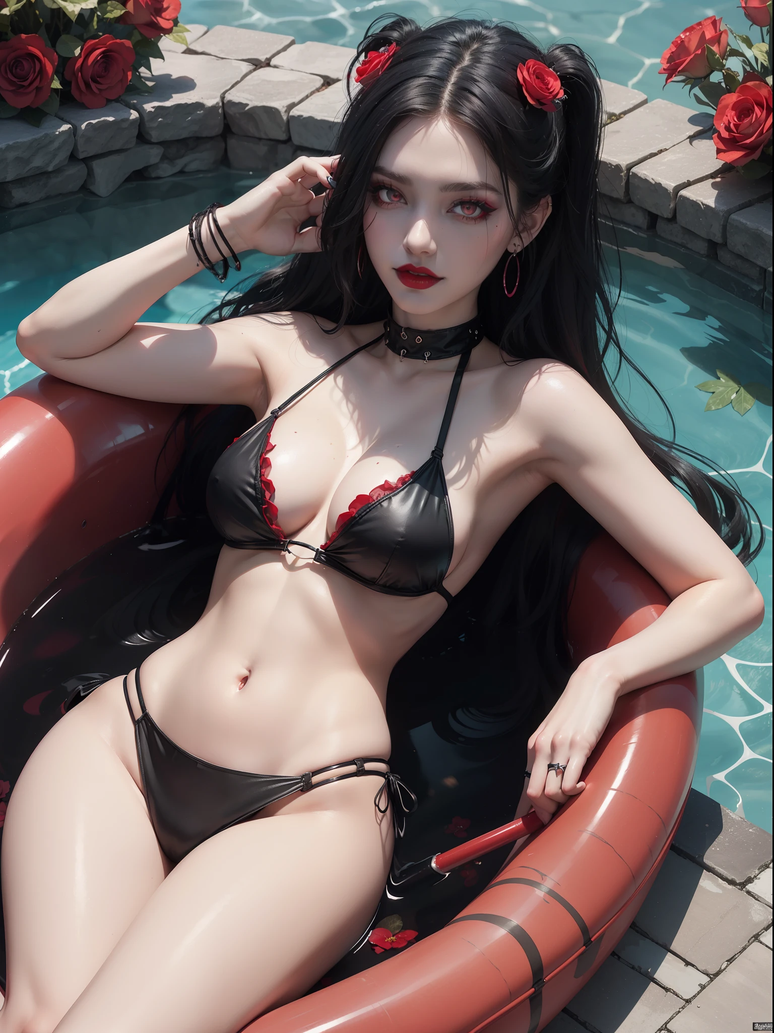 concept art, a most beautiful vampire woman with medium black hair dynamicly posing in a pool lying on a funny red plastic float with bikini, (with makeup and piercings), bubble goth makeup, bis smile, pale goth beauty, (detailed glowing red eyes), faint smile red lipstick, dark makeup, gothic makeup, dreamy gothic girl, red choker, beautiful pale makeup, gothic eyeliner, dark goth queen with red eyes, black eye makeup, sadistic smile, equirectangular 360, Highres, in a heavenly garden with a pool, official art, (unity 8k wallpaper), ultra detailed, gorgeous body, masterpiece, best quality, photorealistic, awesome flowered background, ((colored flowers)), sunlight, global illumination