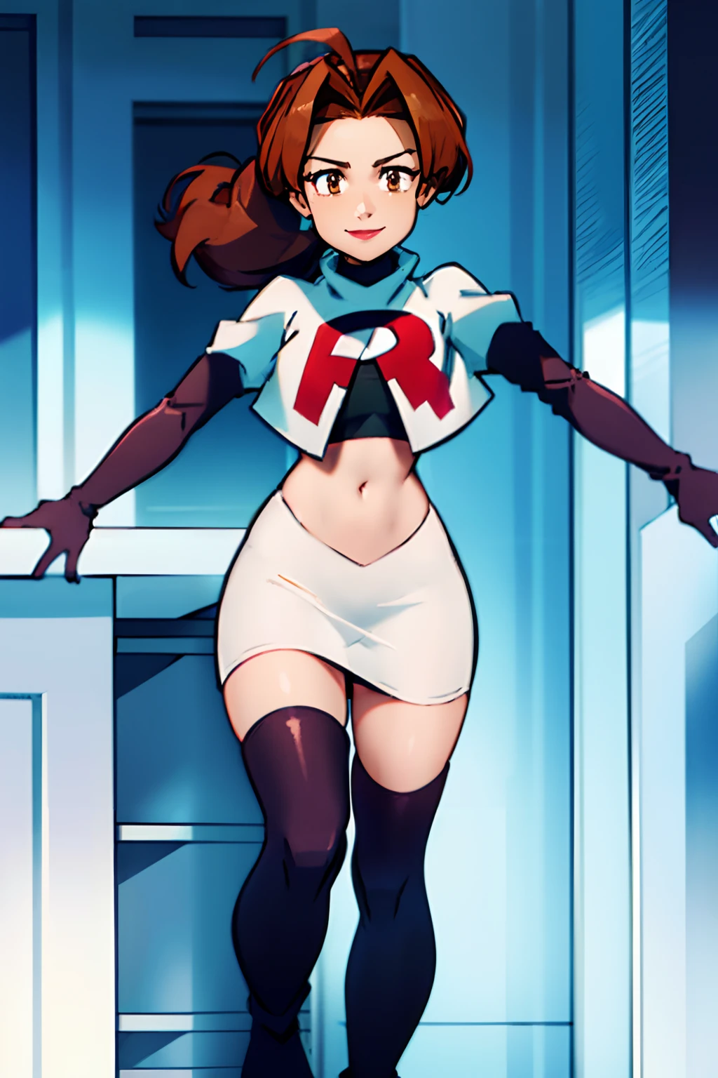 deliaketchum, brown hair, (brown eyes:1.7), parted bangs, (ahoge:1.5), ponytail, low ponytail, team rocket, team rocket uniform, red letter R, white skirt, white crop top, black thigh-high boots, black elbow gloves, evil sinister smile, red lipstick, blue eye shadow