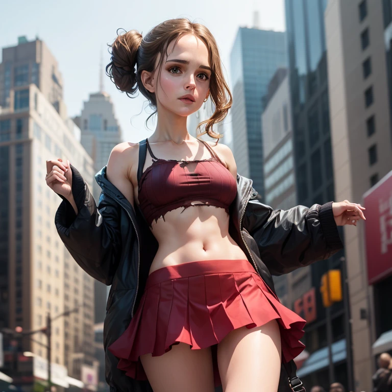 Natalie portman、Sticking out the navel、newyork、She wears a torn Spider-Man suit,wearing skirt、 Red and black color scheme,Dynamic、masterpiece、top-quality、ultra-detailliert、ighly detailed、beautiful detailed brilliance、超A high resolution